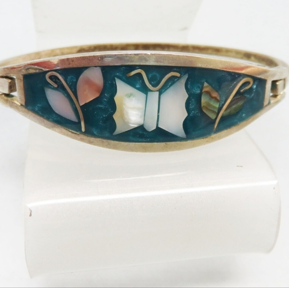 1970's MOP and Blue enamel Butterfly Alpaca Silver Hinged Bracelet - Picture 2 of 10